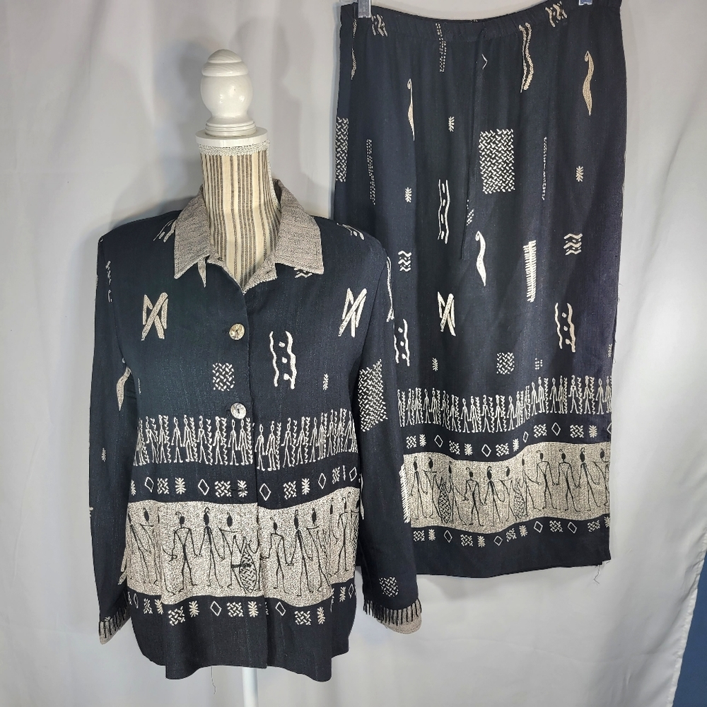 Vintage First Option Petite Fringe Accent People Print 3 Piece Skirt Set Size PM